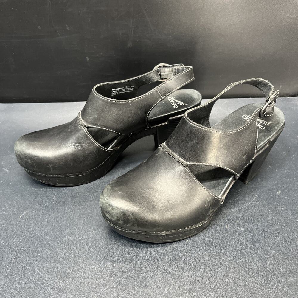 Dansko Riley Clogs Slingback Heels Size 40 EUR Black Leather Platform Heels